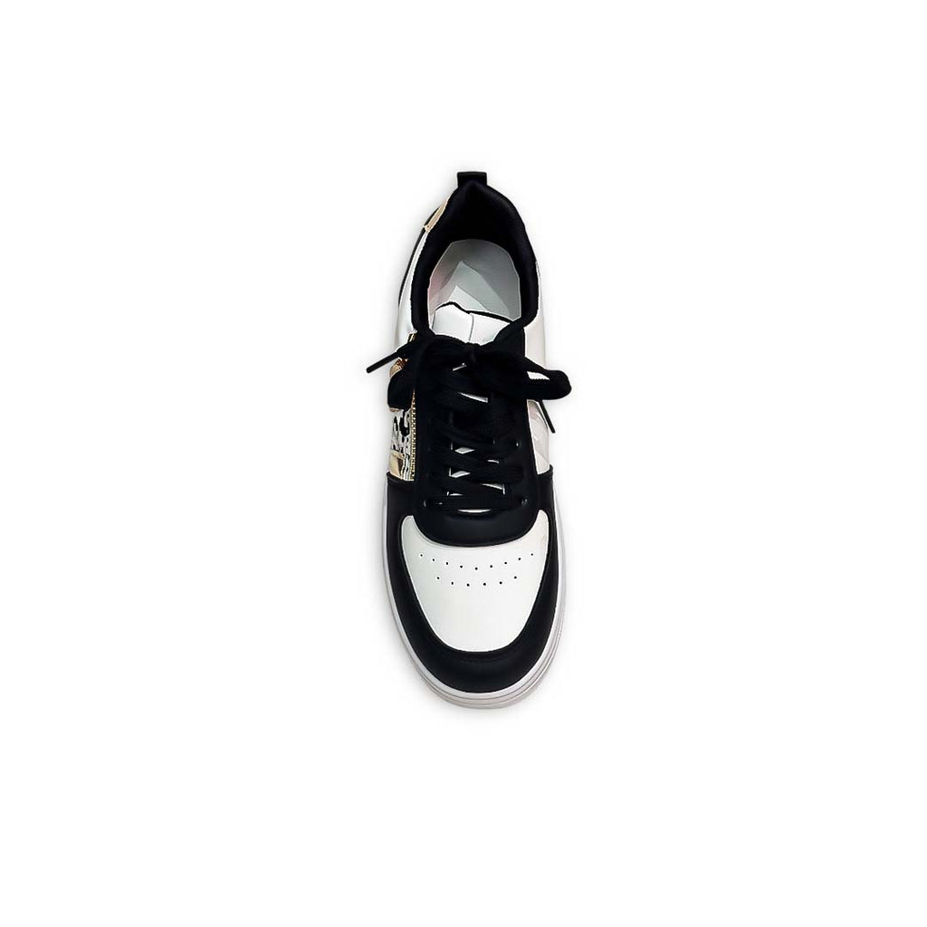 Black White Lace Up Zip Details Flat Sneakers