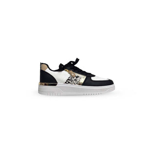 Black White Lace Up Zip Details Flat Sneakers