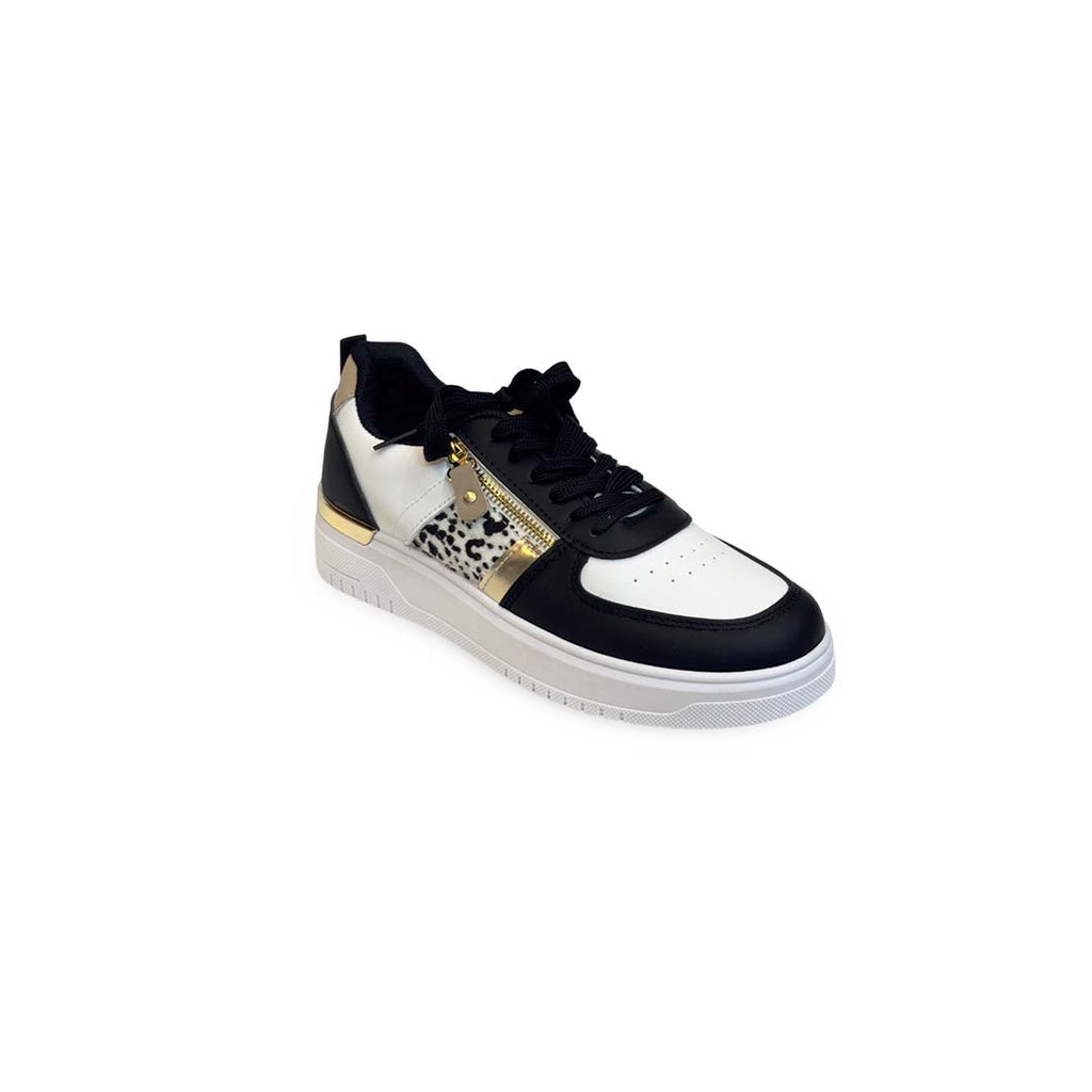 Black White Lace Up Zip Details Flat Sneakers