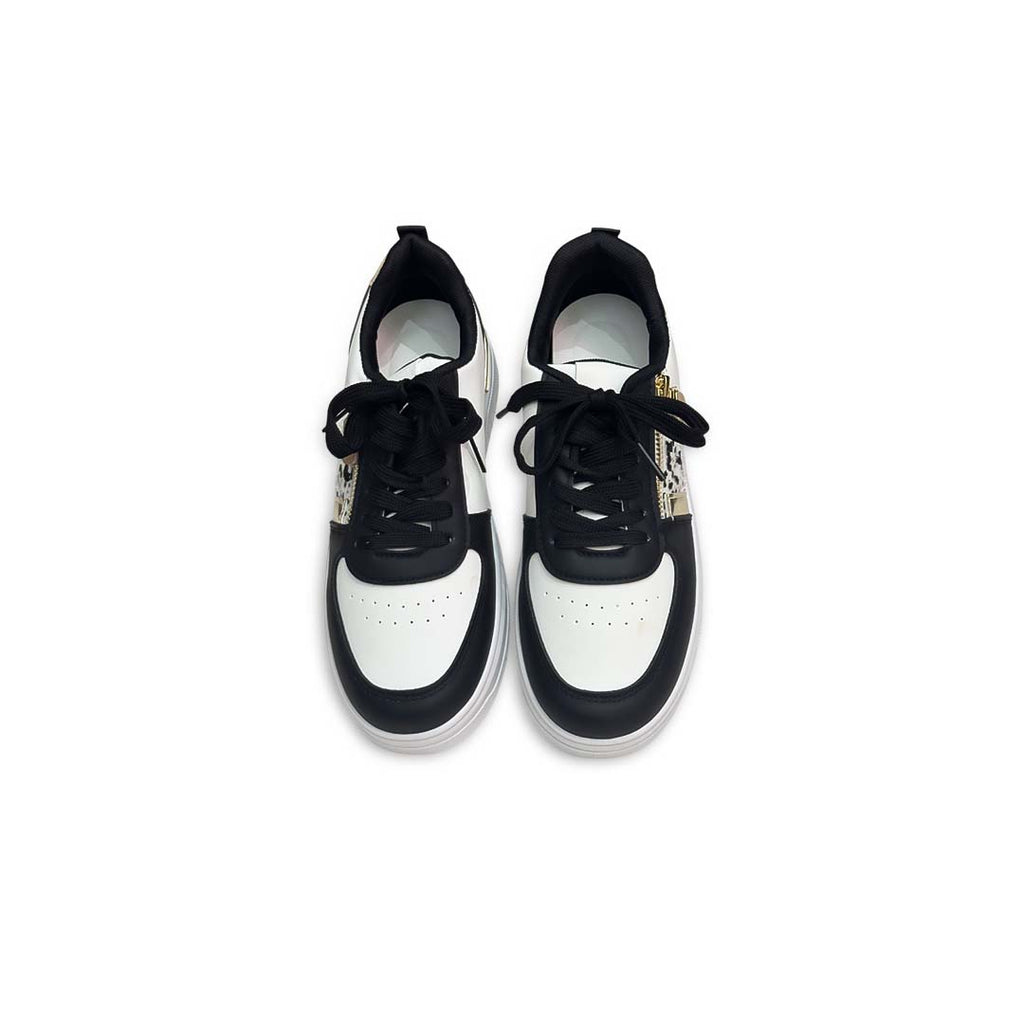 Black White Lace Up Zip Details Flat Sneakers