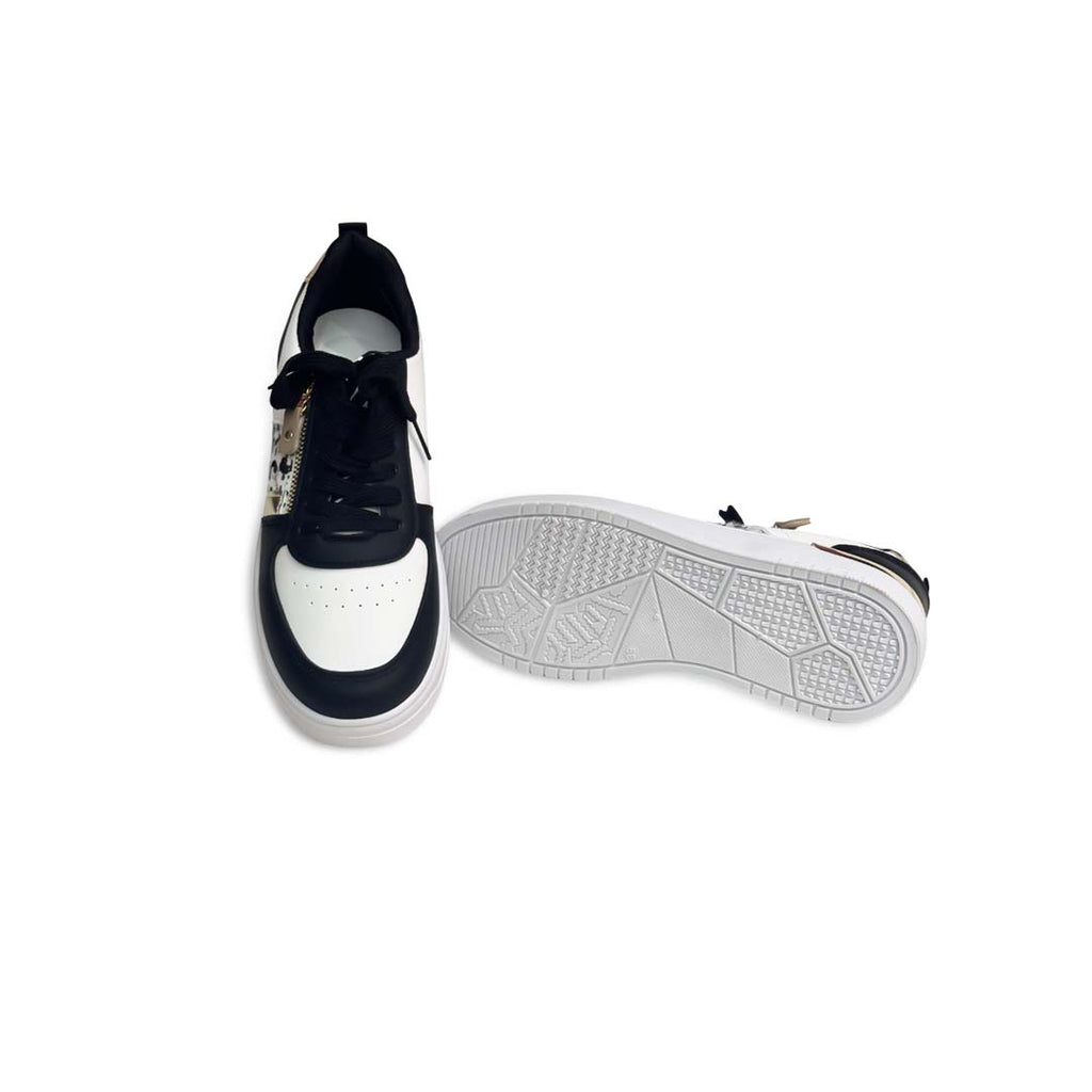 Black White Lace Up Zip Details Flat Sneakers