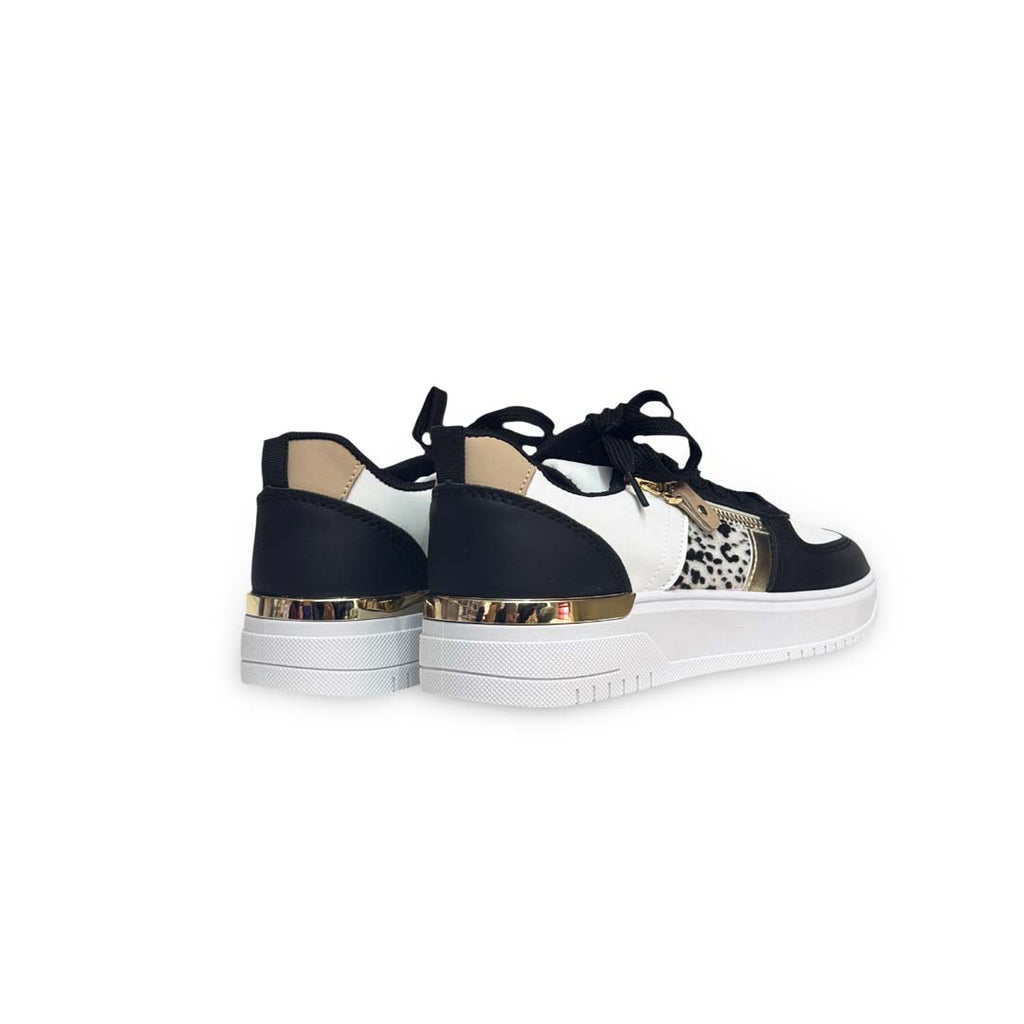 Black White Lace Up Zip Details Flat Sneakers